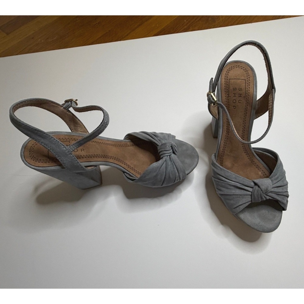 Shu Shop Blue Grey Faux Suede Knotted Platform Block Heel Sandals Womens 7/12 - Picture 2 of 9